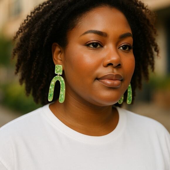 Fashion Lime Green Lucite Glitter Dangle Earrings - Picture 1 of 2